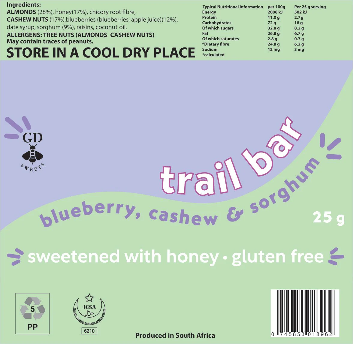 GD - Trail Bar Blueberry Cashew Sorghum (6 x 25g) 150g - Image 2