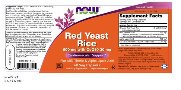 NOW - Red Yeast Rice 600mg CoQ10 60s - Image 3